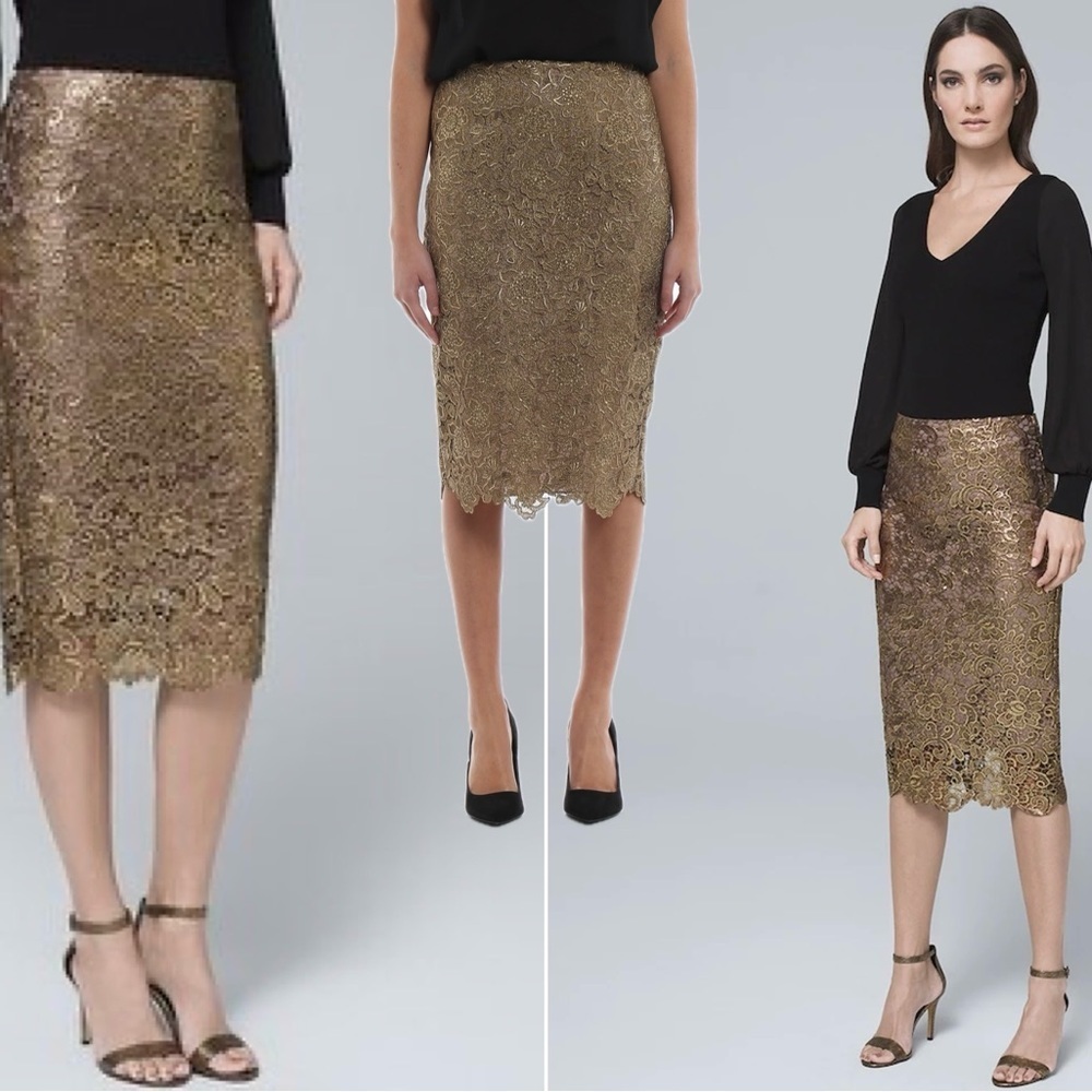 White House black market WHBM metallic gold lace pencil skirt Sz 4 NWOT